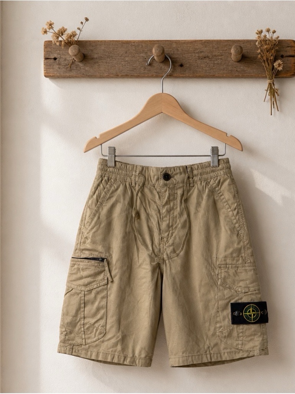 Stone Island Khaki Cargo Shorts with Badge